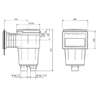 Tehnična risba skimmerja AstralPool 17,5 L z dimenzijami in priključki za vgradnjo v PVC liner in betonski bazen – bazenska tehnika